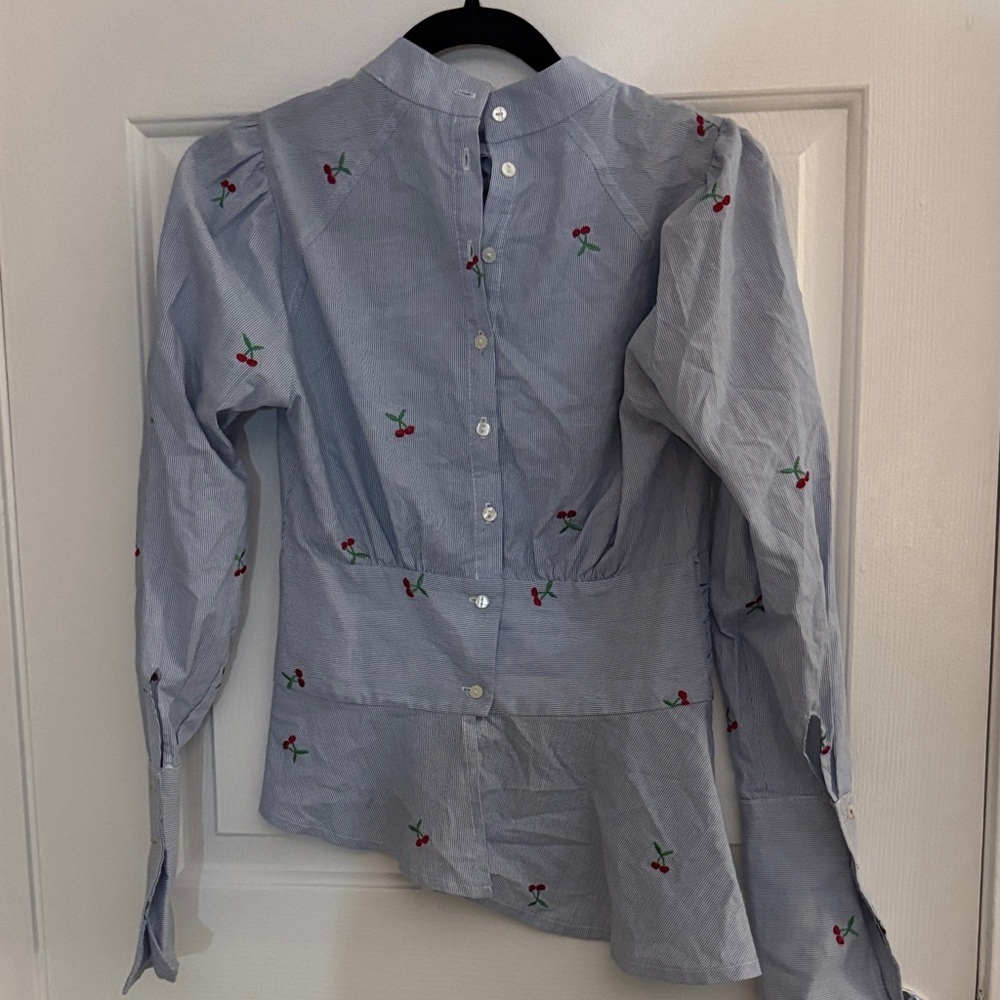 Aleph by Meg Light Blue Button-Down Shirt with Red Cherry Embroidery size 1